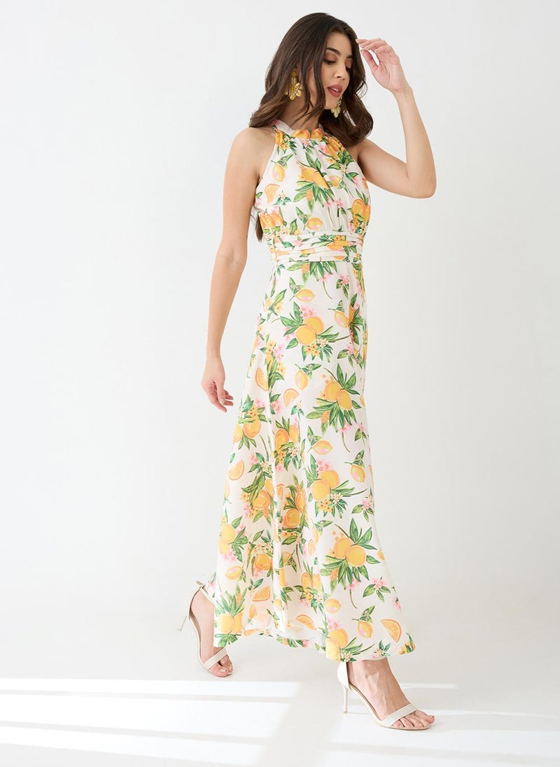 Globus Women Yellow Floral & Fruit Print Halter Neck Pleated Detail Flared Fusion Jumpsuit - Image 3